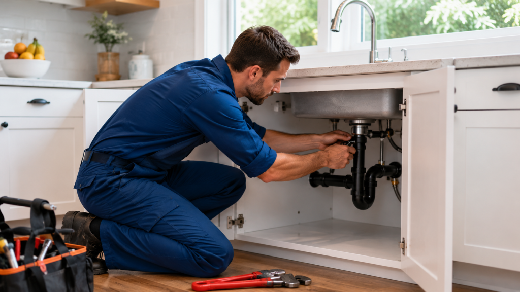 Plumber repairing kitchen sink pipes in a Utah County home